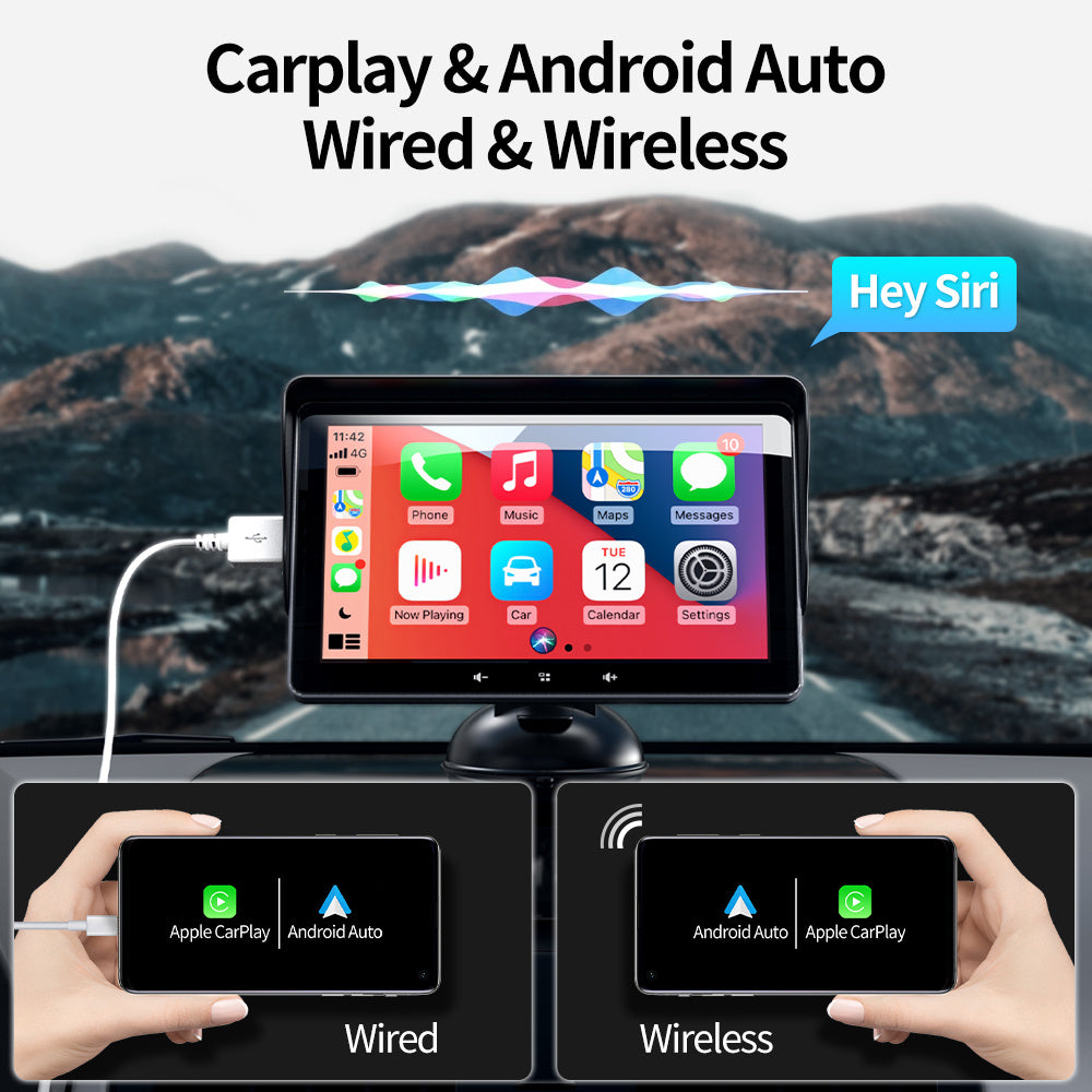 Schermo wireless CarPlay da 7" con attacco accendisigari e supporto a ventosa universale