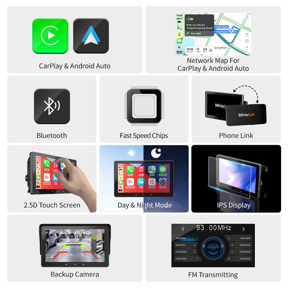 Schermo wireless CarPlay da 7" con attacco accendisigari e supporto a ventosa universale