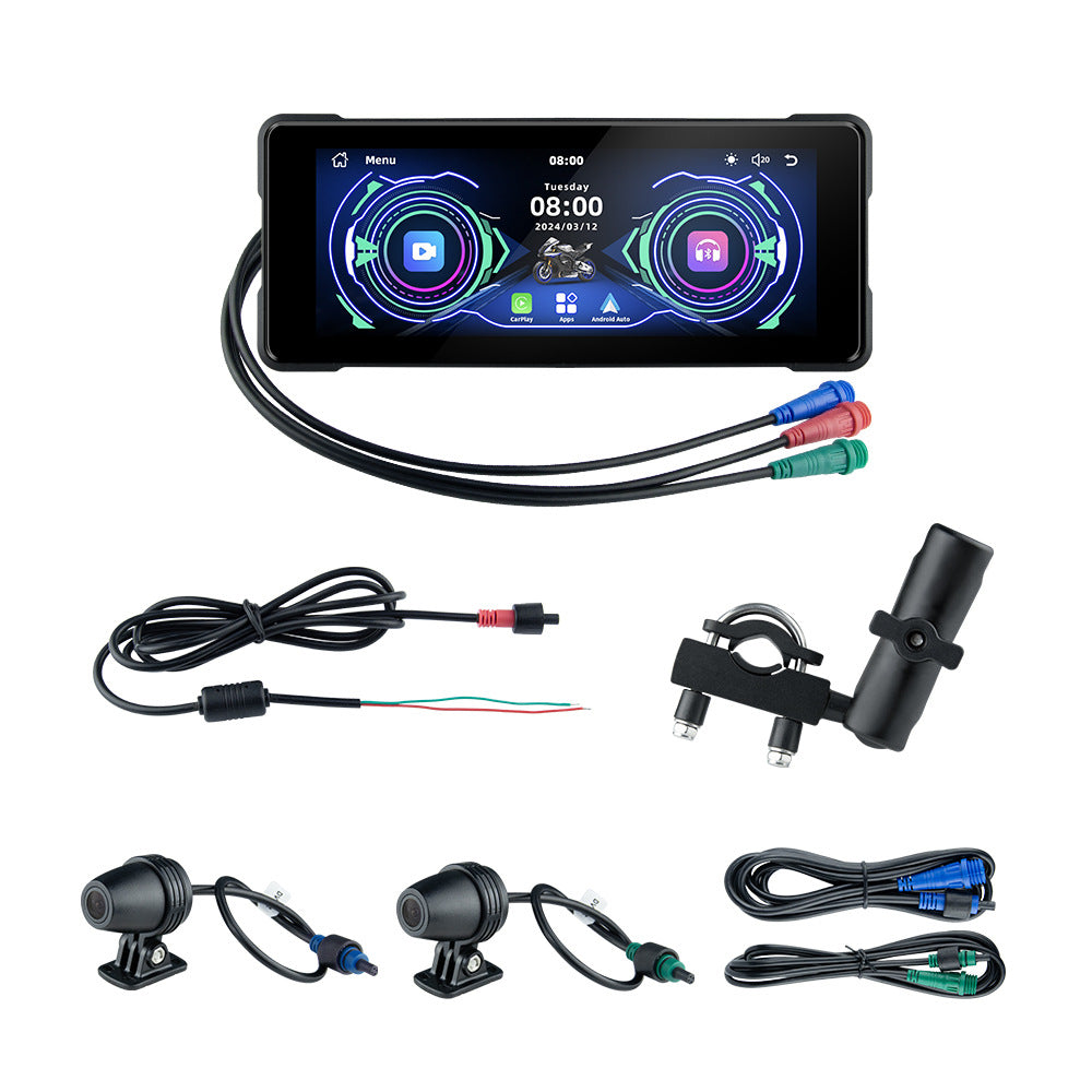 Navigazione wireless CarPlay per moto con Android Auto, doppia fotocamera Bluetooth anteriore e posteriore.